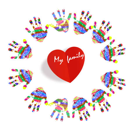 Prints of childrens hands around the circle. The concept is my family with a paper red heart . The handprint icon. Vector illustration. EPS 10.のイラスト素材