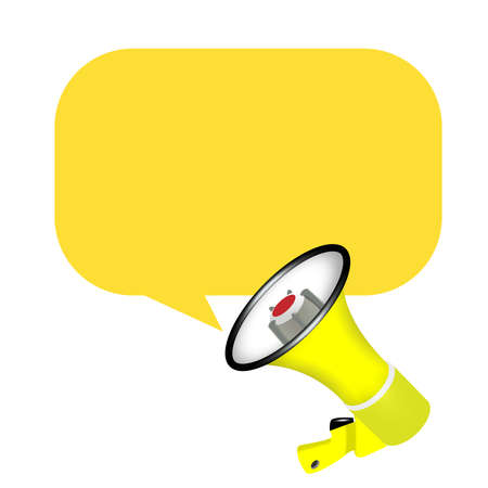 Vector Realistic 3d Simple yellow megaphone with a speech bubble on a white background. Design Template, Banner, Web. Speakers sign. Announcement, The Concept Of Attentionのイラスト素材