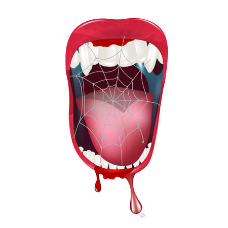 Stylish vampire teeth with an open mouth, cobwebs and streaks of blood with saliva. Fashionable layout background design. Vector illustration.のイラスト素材