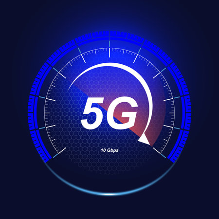 5G wireless network technology. The concept of a digital speed meter with a 5G badge. High-speed Internet. Neon speedometer in futuristic style, isolated on a dark background.のイラスト素材