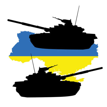 The flag of Ukraine is painted on a background with tanks. Relations between Ukraine and Russiaのイラスト素材