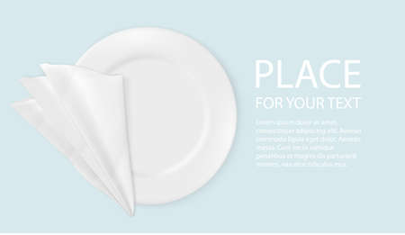Vector 3d Realistic White porcelain, plastic or paper disposable food plate with napkin. The plate icon is isolated on a white background with text. Front view. Design template.のイラスト素材