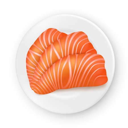 Vector realistic salmon wedges on a white porcelain plate. Seafood illustration. View from aboveの素材 [FY310185948960]