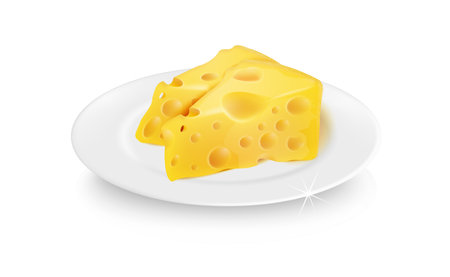 Vector realistic 3D cheese on a white plate. Delicious pieces of cheese. Food decoration.のイラスト素材