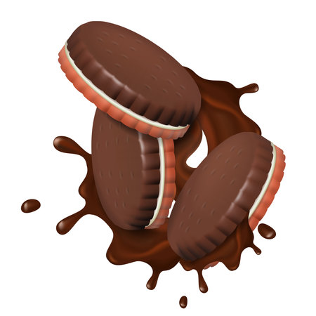 Realistic Cookies and crackers with splashes of chocolate. Isolated. White background. Vector illustration.のイラスト素材