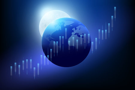 A high-tech hologram of the planet Earth against the background of the moon, with a glowing investment financial data vector diagram. Stock market chart with rising candles. infographic elements.のイラスト素材