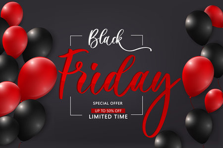 Black Friday sale poster. Seasonal discount banner with red and black balloons on dark background. Holiday design template for advertising shopping, closeout on thanksgiving day.のイラスト素材