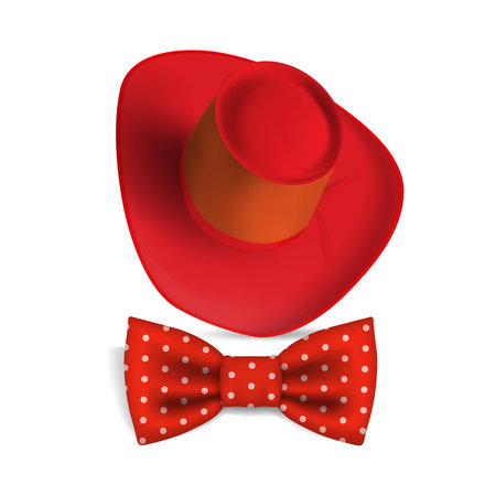 Vector 3D realistic cowboy red hat with bow tie and shadow isolated on white background.のイラスト素材