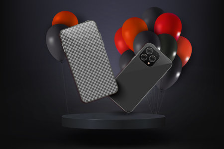 Two dark realistic smartphones on the podium. Cell phones. Modern cell phone template on black background.のイラスト素材