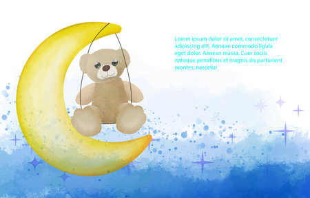 Cute teddy bear on the moon swing rides Crescent moon watercolor illustration.のイラスト素材