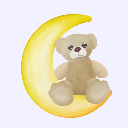 Cute teddy bear on the Crescent moon animal watercolor illustration.のイラスト素材