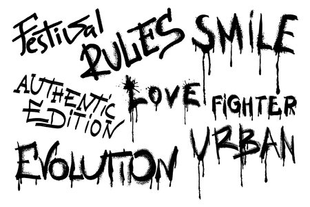 Spray painted slogans isolated on white background. Graffiti font with splatter in black on white. vector illustrationのイラスト素材