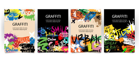 Graffiti poster set. Street art with inscriptions, paint blots and space for textの写真素材
