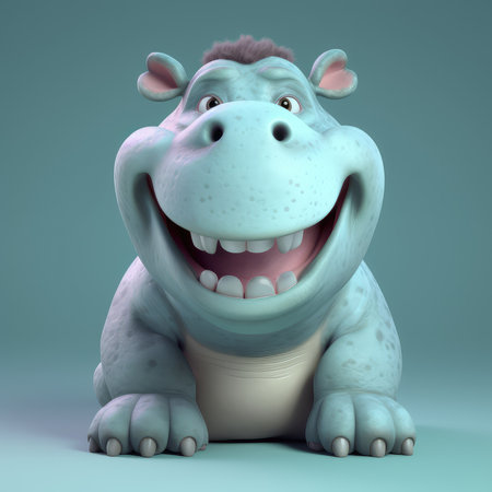 Realistic 3D rendering of a happy, fluffy and cute hippo smiling with big eyes looking straight at you. Created with generative AIの写真素材