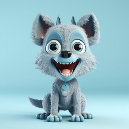 Realistic 3D rendering of a happy, fluffy and cute wolf smiling with big eyes looking straight at you. Created with generative AIの写真素材