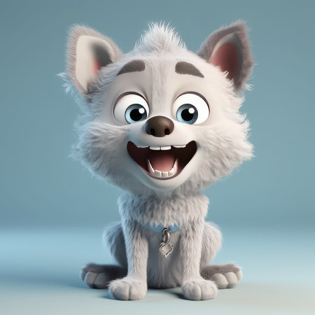 Realistic 3D rendering of a happy, fluffy and cute wolf smiling with big eyes looking straight at you. Created with generative AIの写真素材