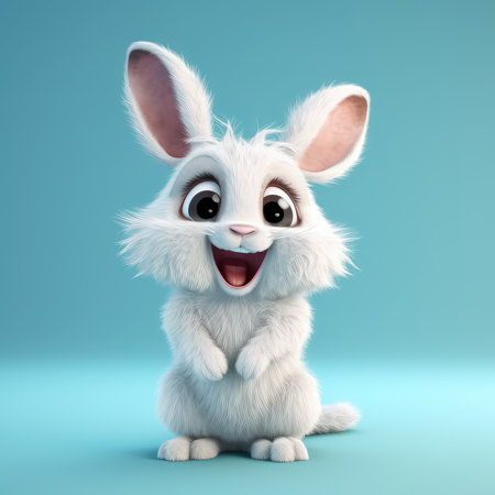 Realistic 3D rendering of a happy, fluffy and cute hare smiling with big eyes looking straight at you. Created with generative AIの写真素材