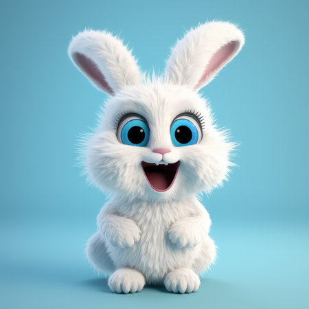 Realistic 3D rendering of a happy, fluffy and cute rabbit smiling with big eyes looking straight at you. Created with generative AIの写真素材