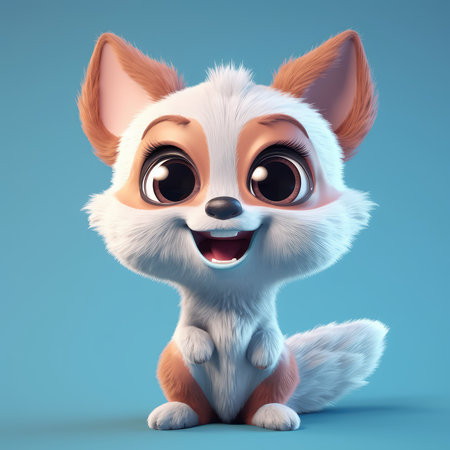 Realistic 3D rendering of a happy, fluffy and cute fox smiling with big eyes looking straight at you. Created with generative AIの写真素材