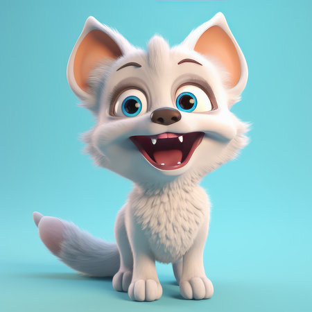 Realistic 3D rendering of a happy, fluffy and cute fox smiling with big eyes looking straight at you. Created with generative AIの写真素材