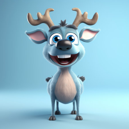 Realistic 3D rendering of a happy, fluffy and cute elk smiling with big eyes looking straight at you. Created with generative AIの写真素材