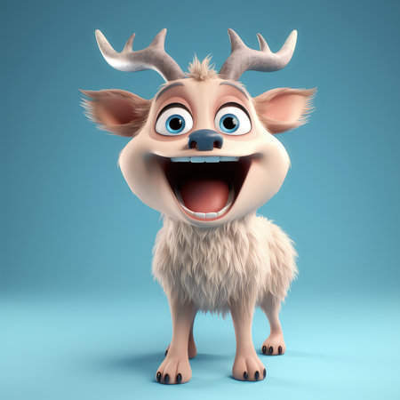 Realistic 3D rendering of a happy, fluffy and cute elk smiling with big eyes looking straight at you. Created with generative AIの写真素材