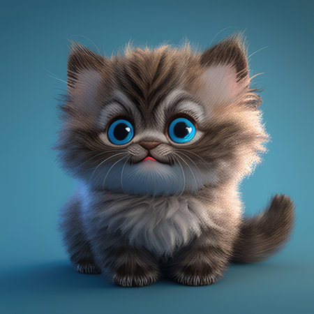 Realistic 3D rendering of a happy, fluffy and cute kitty smiling with big eyes looking straight at you. Created with generative AIの写真素材