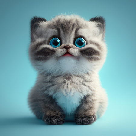 Realistic 3D rendering of a happy, fluffy and cute kitty smiling with big eyes looking straight at you. Created with generative AIの写真素材