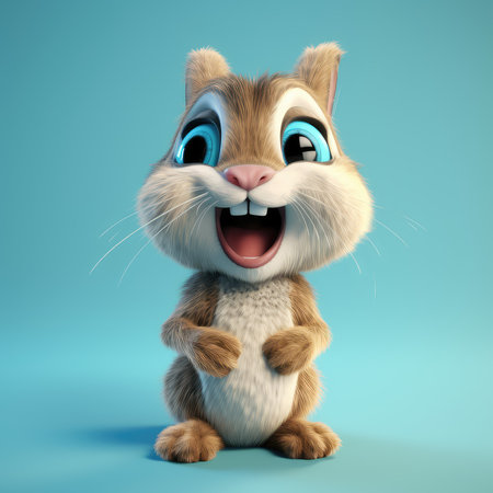 Realistic 3D rendering of a happy, fluffy and cute squirrel smiling with big eyes looking straight at you. Created with generative AIの写真素材