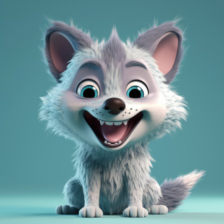 Realistic 3D rendering of a happy, fluffy and cute wolf smiling with big eyes looking straight at you. Created with generative AIの写真素材