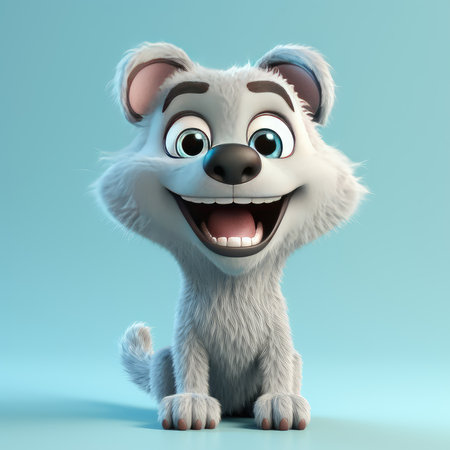 Realistic 3D rendering of a happy, fluffy and cute wolf smiling with big eyes looking straight at you. Created with generative AIの写真素材