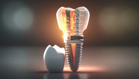 Dental implant and teeth healthy scientific modern design on a beautiful glowing background. Created with generative AIの写真素材