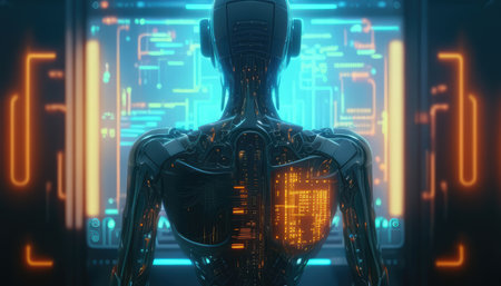 Robot or cyborg programming artificial intelligence in cyberspace. AI industrial revolution. Created with generative AIの写真素材