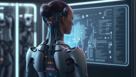Robot or cyborg programming artificial intelligence in cyberspace. AI industrial revolution. Created with generative AIの写真素材