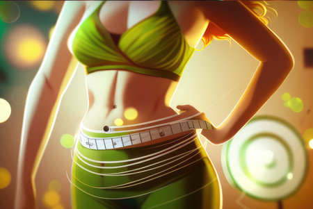 Weight loss concept with photo realistic illustration of girl's waist in the foreground and measuring tape around. Created with generative AIの写真素材