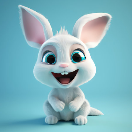 Realistic 3D rendering of a happy, fluffy and cute rabbit smiling with big eyes looking straight at you. Created with generative AIの写真素材