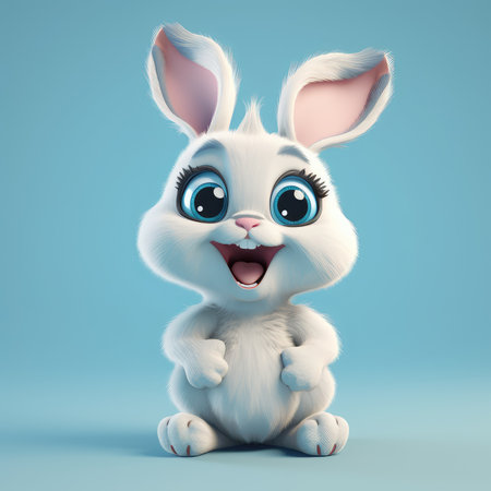 Realistic 3D rendering of a happy, fluffy and cute rabbit smiling with big eyes looking straight at you. Created with generative AIの写真素材