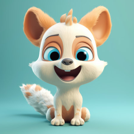 Realistic 3D rendering of a happy, fluffy and cute fox smiling with big eyes looking straight at you. Created with generative AIの写真素材