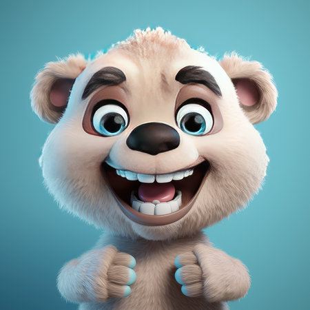 Realistic 3D rendering of a happy, fluffy and cute bear smiling with big eyes looking straight at you. Created with generative AIの写真素材