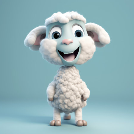 Realistic 3D rendering of a happy, fluffy and cute sheep smiling with big eyes looking straight at you. Created with generative AIの写真素材