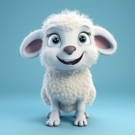 Realistic 3D rendering of a happy, fluffy and cute sheep smiling with big eyes looking straight at you. Created with generative AIの写真素材