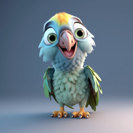 Realistic 3D rendering of a happy, fluffy and cute parrot smiling with big eyes looking straight at you. Created with generative AIの写真素材