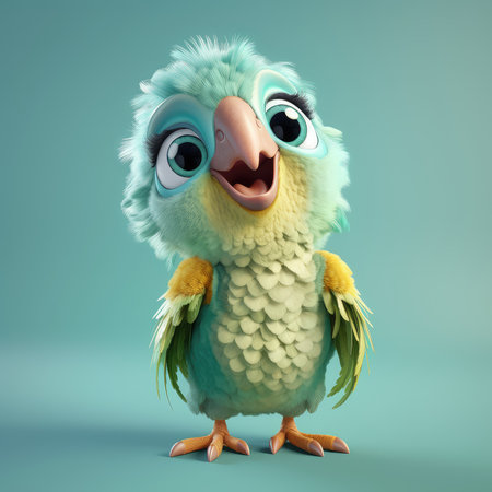 Realistic 3D rendering of a happy, fluffy and cute parrot smiling with big eyes looking straight at you. Created with generative AIの素材 [FY310201278909]