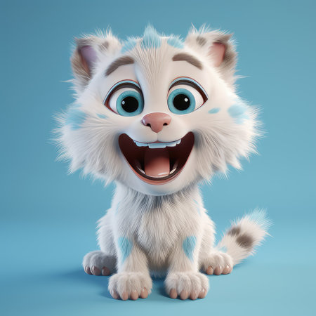 Realistic 3D rendering of a happy, fluffy and cute lynx smiling with big eyes looking straight at you. Created with generative AIの写真素材