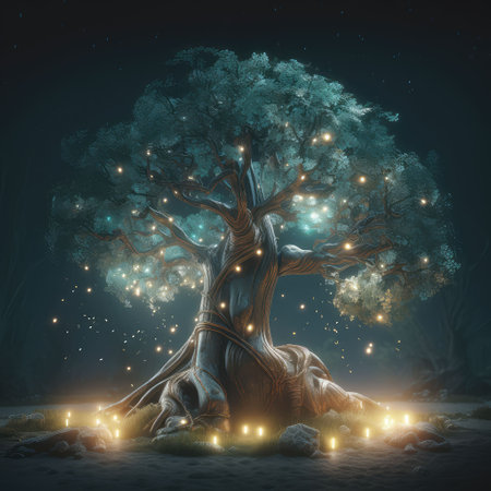 Abstract and magical image of glitter Firefly flying in the night forest. Fairy tale concept. Created with generative AIの写真素材