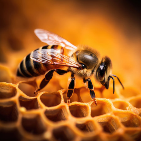Closeup of bee on honeycomb in apiary. Created with generative AIの写真素材