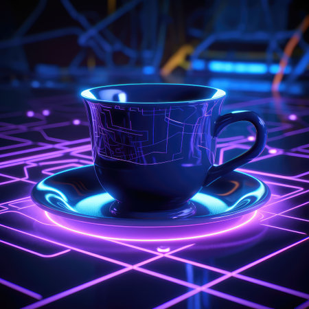Neon coffee cup. Cafe concept, cyberpunk, cybernetics. Created with generative AIの写真素材