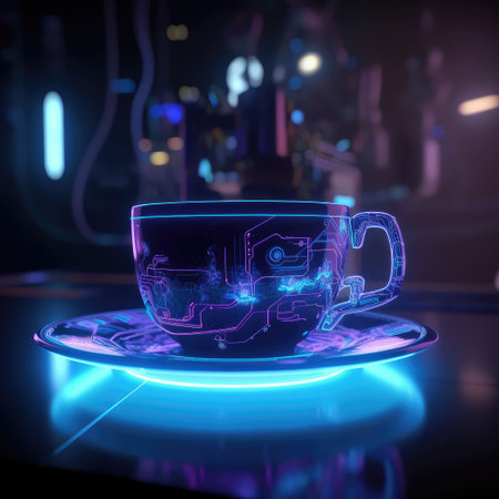 Neon coffee cup. Cafe business concept, cyberpunk, cybernetics. Created with generative AIの写真素材