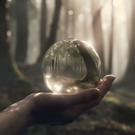 Earth crystal glass globe ball and growing tree in human hand on green sunny background. Ecology concept. Card for World Earth Day. Created with generative AIの写真素材