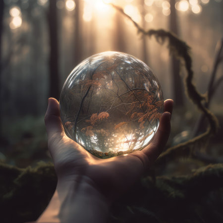 Earth crystal glass globe ball and growing tree in human hand on green sunny background. Ecology concept. Card for World Earth Day. Created with generative AIの写真素材